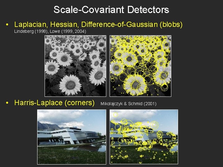 Scale-Covariant Detectors • Laplacian, Hessian, Difference-of-Gaussian (blobs) Lindeberg (1998), Lowe (1999, 2004) • Harris-Laplace Scale-Covariant Detectors • Laplacian, Hessian, Difference-of-Gaussian (blobs) Lindeberg (1998), Lowe (1999, 2004) • Harris-Laplace