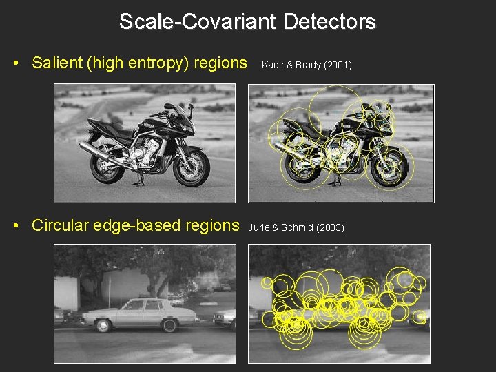 Scale-Covariant Detectors • Salient (high entropy) regions • Circular edge-based regions Kadir & Brady Scale-Covariant Detectors • Salient (high entropy) regions • Circular edge-based regions Kadir & Brady