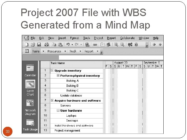 Project 2007 File with WBS Generated from a Mind Map 33 