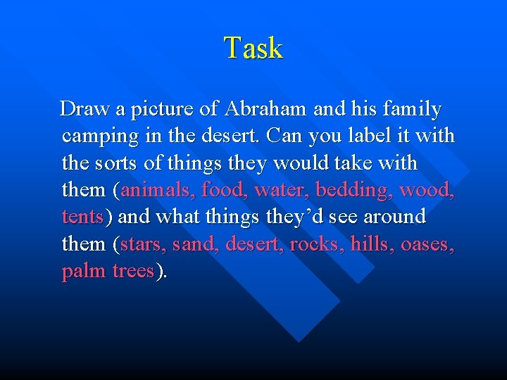 Task Draw a picture of Abraham and his family camping in the desert. Can