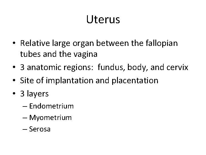 Uterus • Relative large organ between the fallopian tubes and the vagina • 3