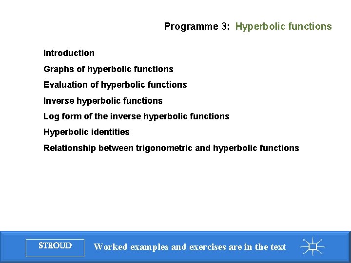 Programme 3: Hyperbolic functions Introduction Graphs of hyperbolic functions Evaluation of hyperbolic functions Inverse