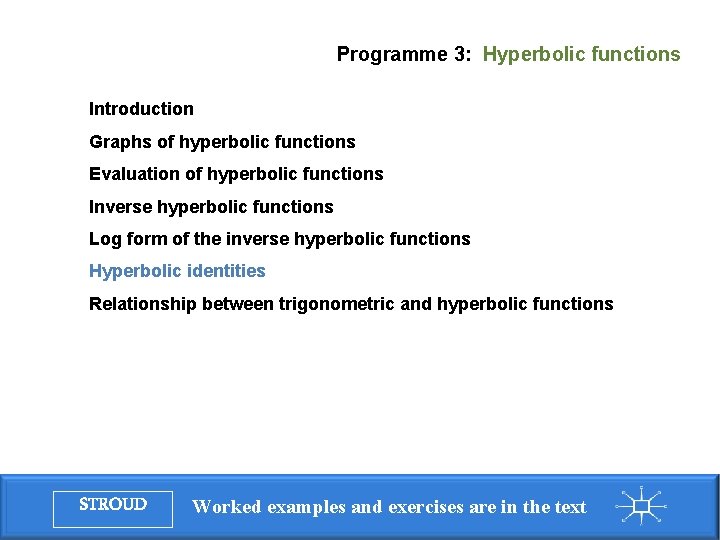 Programme 3: Hyperbolic functions Introduction Graphs of hyperbolic functions Evaluation of hyperbolic functions Inverse