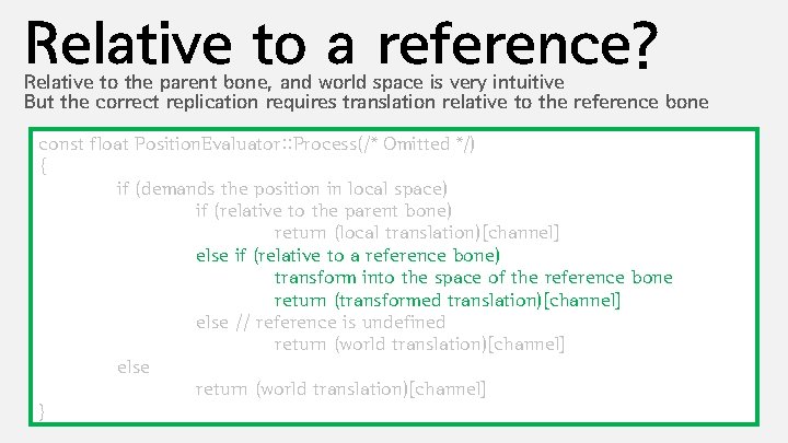 Relative to a reference? Relative to the parent bone, and world space is very