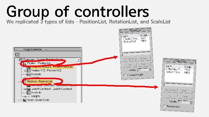 Group of controllers We replicated 3 types of lists – Position. List, Rotation. List,