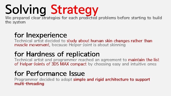 Solving Strategy We prepared clear strategies for each predicted problems before starting to build