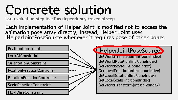 Concrete solution Use evaluation step itself as dependency traversal step Each implementation of Helper-Joint