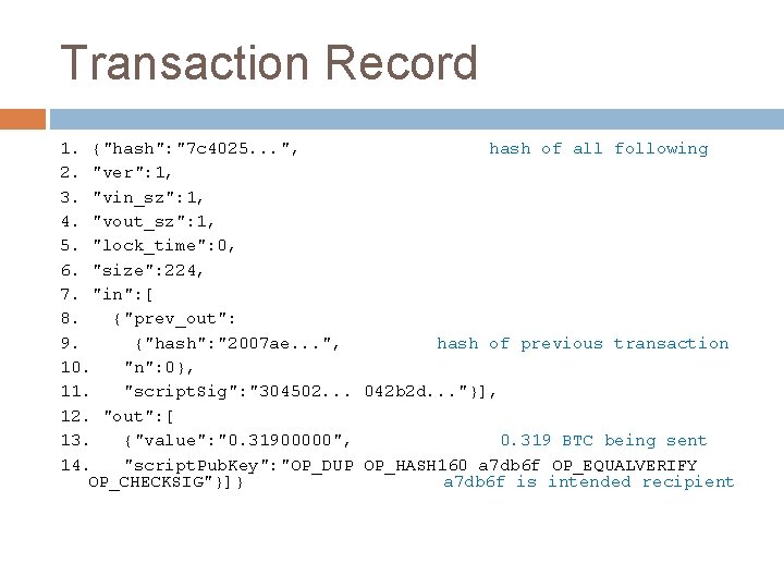 Transaction Record 1. {"hash": "7 c 4025. . . ", hash of all following
