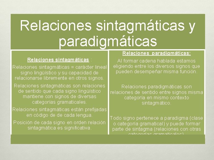 Relaciones sintagmáticas y paradigmáticas Relaciones paradigmáticas: Relaciones sintagmáticas : Al formar cadena hablada estamos