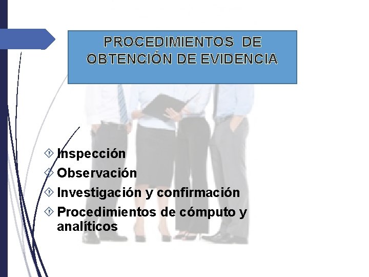 PROCEDIMIENTOS DE OBTENCIÓN DE EVIDENCIA Inspección Observación Investigación y confirmación Procedimientos de cómputo y PROCEDIMIENTOS DE OBTENCIÓN DE EVIDENCIA Inspección Observación Investigación y confirmación Procedimientos de cómputo y