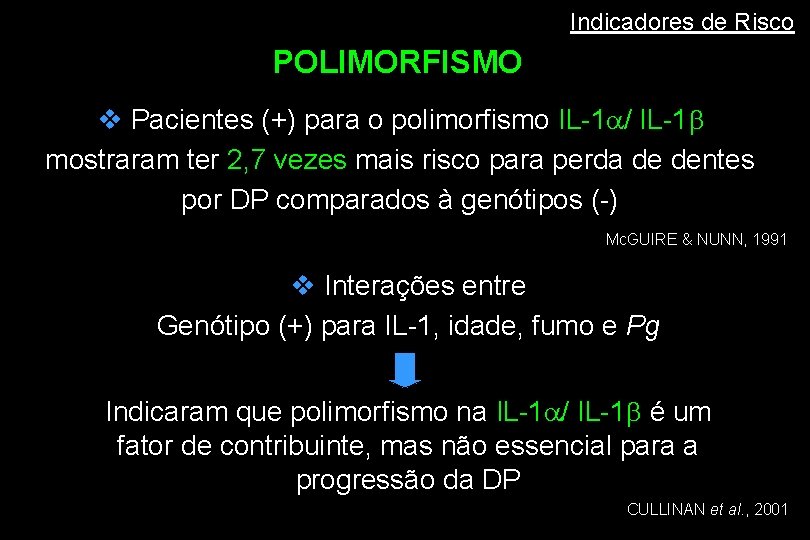 Indicadores de Risco POLIMORFISMO v Pacientes (+) para o polimorfismo IL-1 / IL-1 mostraram