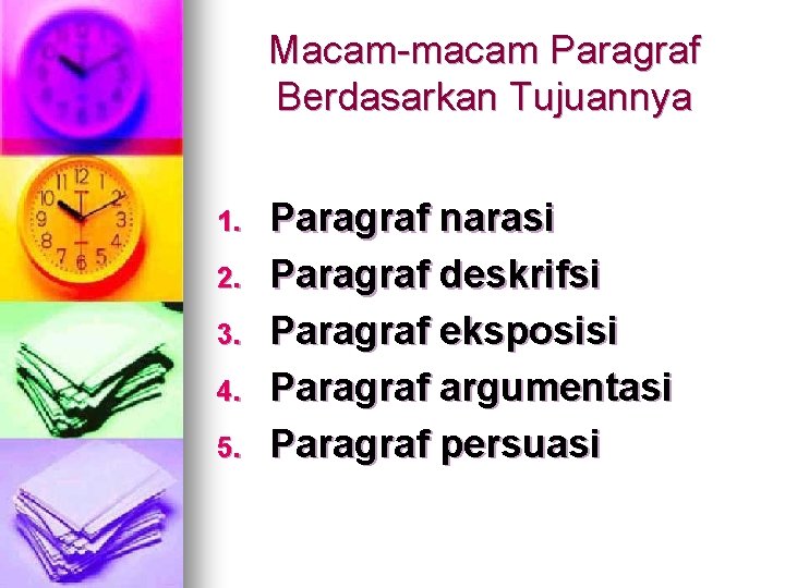 Macam-macam Paragraf Berdasarkan Tujuannya 1. 2. 3. 4. 5. Paragraf narasi Paragraf deskrifsi Paragraf