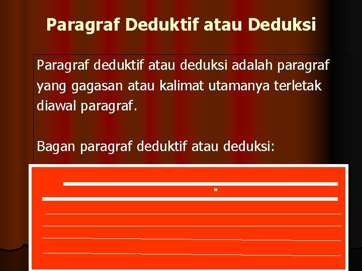 Paragraf Deduktif atau Deduksi Paragraf deduktif atau deduksi adalah paragraf yang gagasan atau kalimat