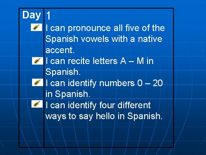 Day 1 I can pronounce all five of the Spanish vowels with a native Day 1 I can pronounce all five of the Spanish vowels with a native