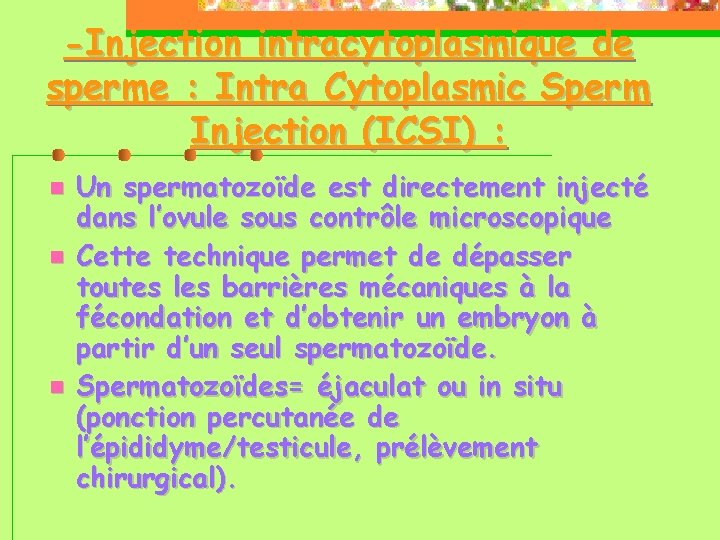 -Injection intracytoplasmique de sperme : Intra Cytoplasmic Sperm Injection (ICSI) : Un spermatozoïde est