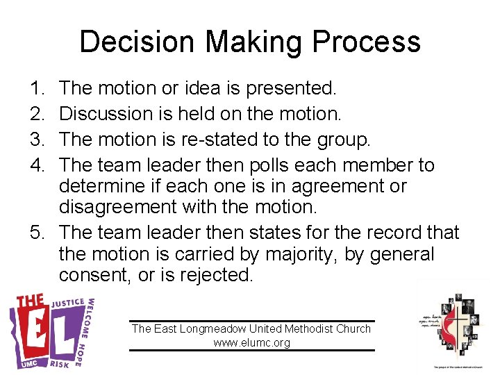 Decision Making Process 1. 2. 3. 4. The motion or idea is presented. Discussion