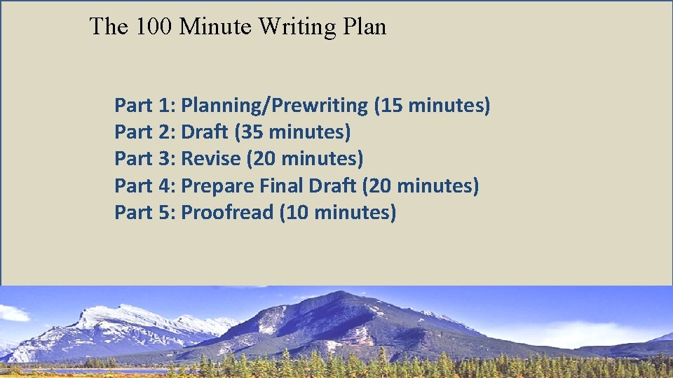 The 100 Minute Writing Plan Part 1: Planning/Prewriting (15 minutes) Part 2: Draft (35