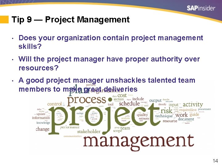 Tip 9 — Project Management • Does your organization contain project management skills? •