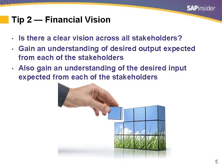 Tip 2 — Financial Vision • • • Is there a clear vision across