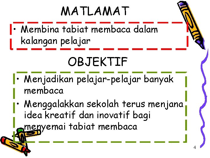 MATLAMAT • Membina tabiat membaca dalam kalangan pelajar OBJEKTIF • Menjadikan pelajar-pelajar banyak membaca