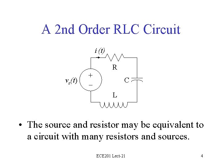 A 2 nd Order RLC Circuit i (t) R vs(t) + – C L