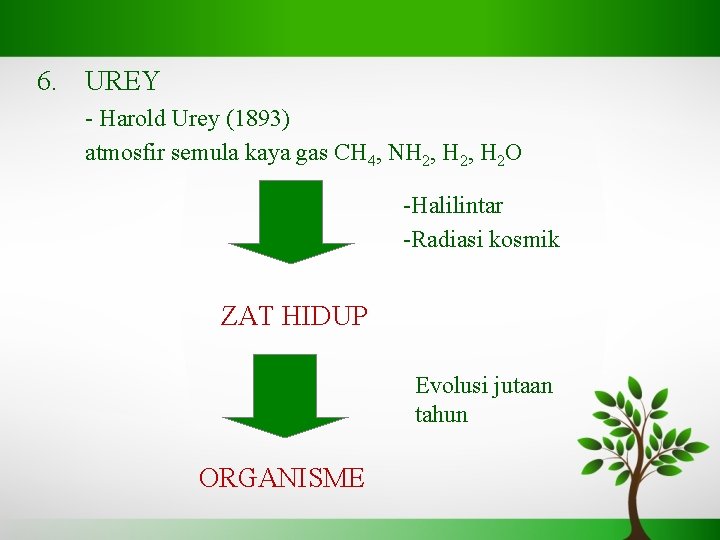 6. UREY - Harold Urey (1893) atmosfir semula kaya gas CH 4, NH 2,