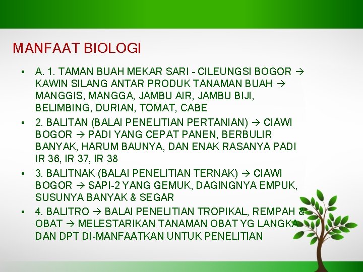 MANFAAT BIOLOGI • A. 1. TAMAN BUAH MEKAR SARI – CILEUNGSI BOGOR KAWIN SILANG