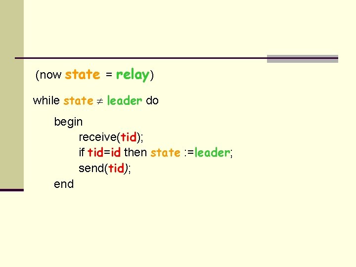 (now state = relay) while state leader do begin receive(tid); if tid=id then state
