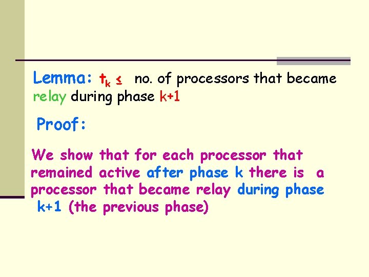 Lemma: tk ≤ no. of processors that became relay during phase k+1 Proof: We