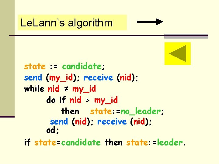 Le. Lann’s algorithm state : = candidate; send (my_id); receive (nid); while nid ≠