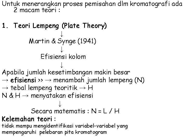 Untuk menerangkan proses pemisahan dlm kromatografi ada 2 macam teori : 1. Teori Lempeng