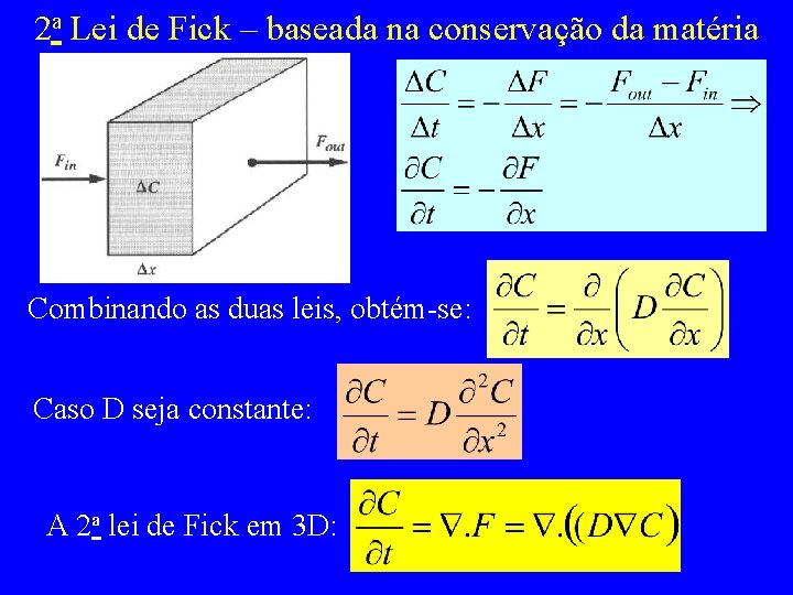 2 a Lei de Fick – baseada na conservação da matéria Combinando as duas