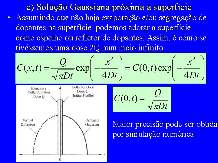 c) Solução Gaussiana próxima à superfície • Assumindo que não haja evaporação e/ou segregação