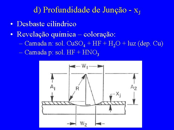 d) Profundidade de Junção - x. J • Desbaste cilíndrico • Revelação química –