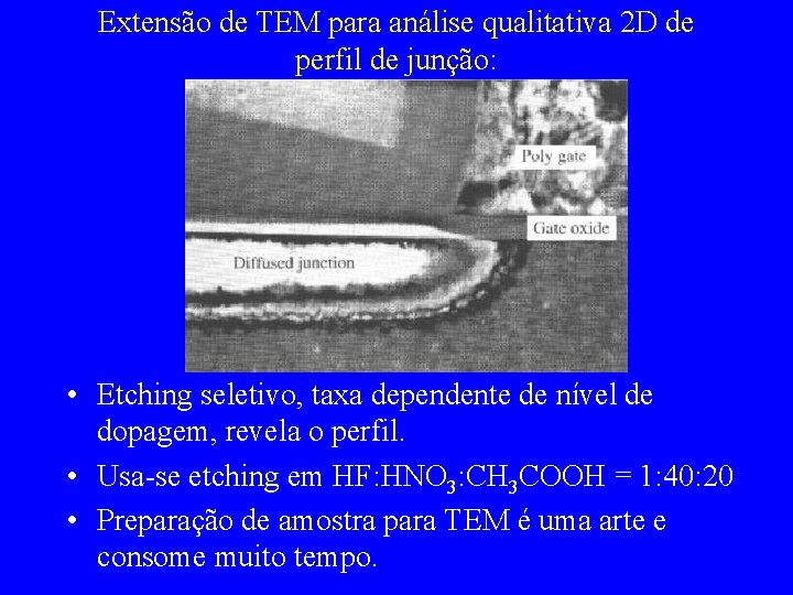 Extensão de TEM para análise qualitativa 2 D de perfil de junção: • Etching