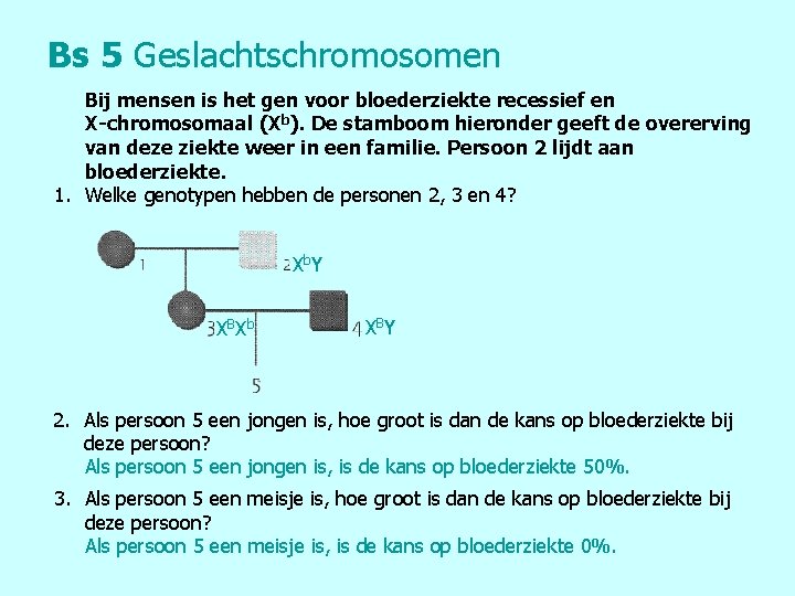 Bs 5 Geslachtschromosomen Bij mensen is het gen voor bloederziekte recessief en X-chromosomaal (Xb).