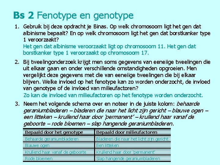 Bs 2 Fenotype en genotype 1. Gebruik bij deze opdracht je Binas. Op welk