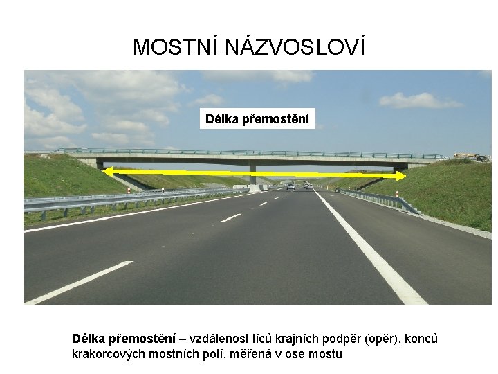 MOSTNÍ NÁZVOSLOVÍ Délka přemostění – vzdálenost líců krajních podpěr (opěr), konců krakorcových mostních polí,