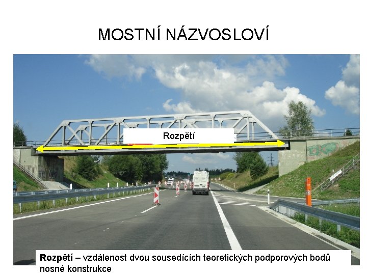 MOSTNÍ NÁZVOSLOVÍ Rozpětí – vzdálenost dvou sousedících teoretických podporových bodů nosné konstrukce 