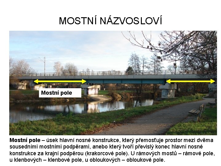 MOSTNÍ NÁZVOSLOVÍ Mostní pole – úsek hlavní nosné konstrukce, který přemosťuje prostor mezi dvěma