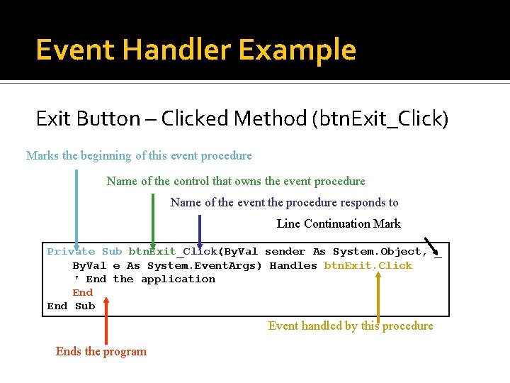 Event Handler Example Exit Button – Clicked Method (btn. Exit_Click) Marks the beginning of Event Handler Example Exit Button – Clicked Method (btn. Exit_Click) Marks the beginning of