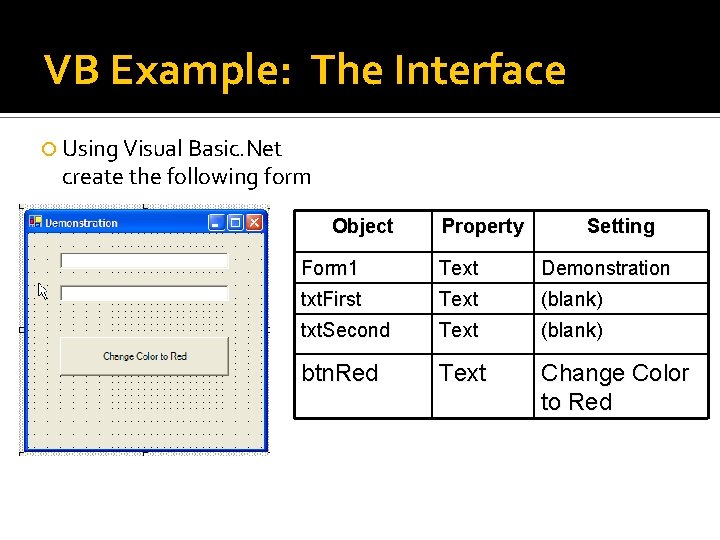 VB Example: The Interface Using Visual Basic. Net create the following form Object Property VB Example: The Interface Using Visual Basic. Net create the following form Object Property