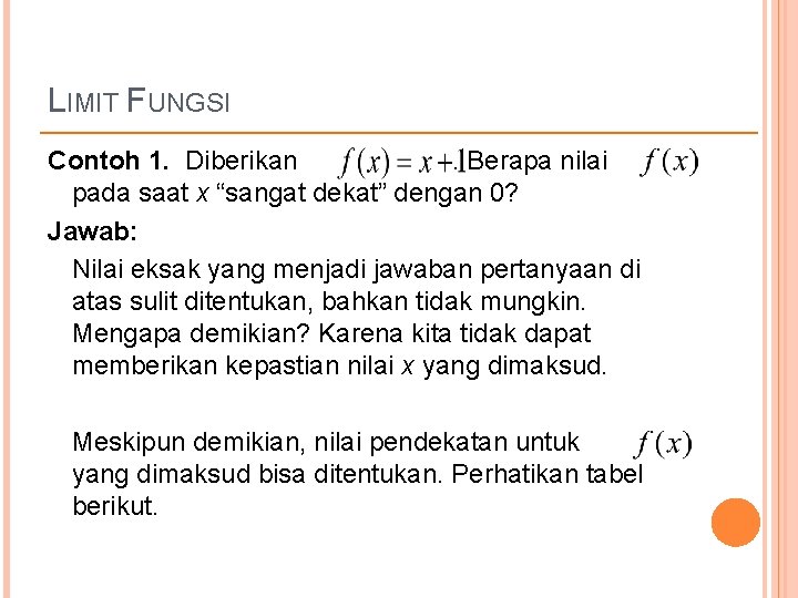 LIMIT FUNGSI Contoh 1. Diberikan. Berapa nilai pada saat x “sangat dekat” dengan 0?