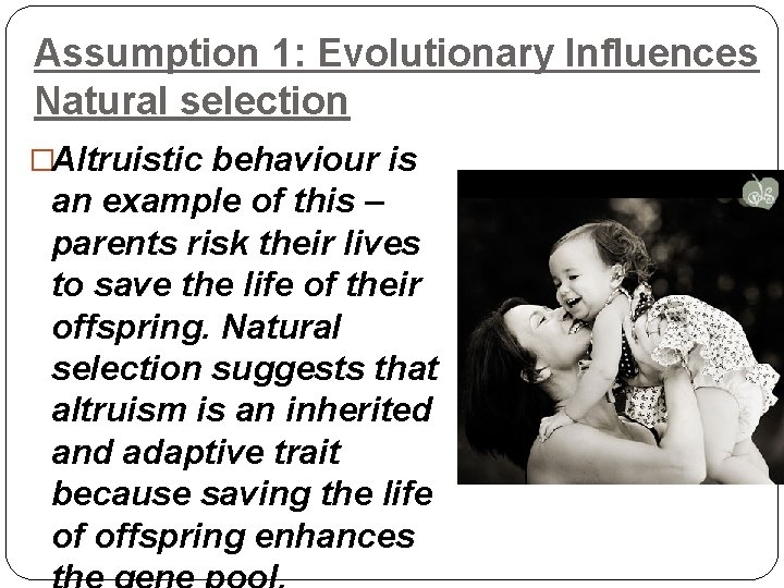 Assumption 1: Evolutionary Influences Natural selection �Altruistic behaviour is an example of this –