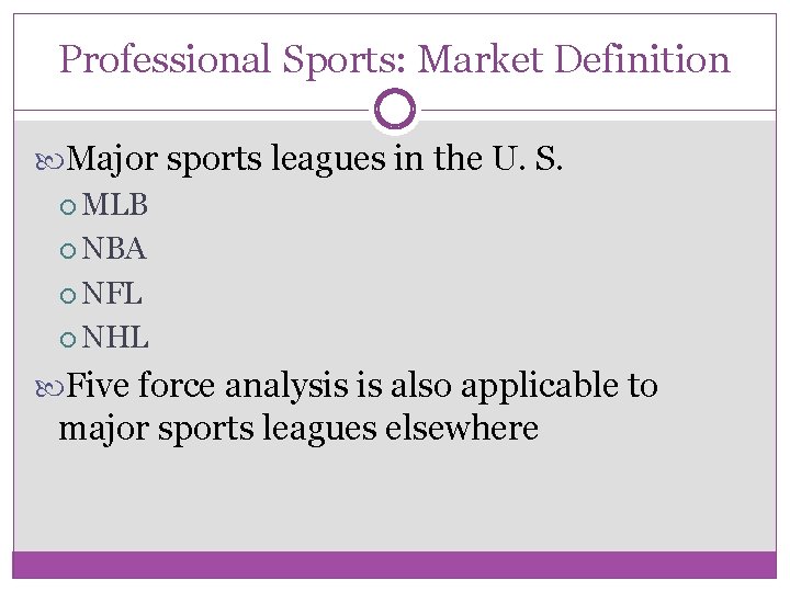 Professional Sports: Market Definition Major sports leagues in the U. S. MLB NBA NFL