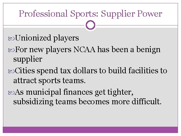 Professional Sports: Supplier Power Unionized players For new players NCAA has been a benign