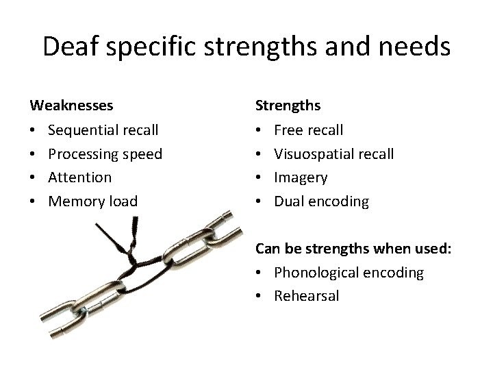 Deaf specific strengths and needs Weaknesses • • Sequential recall Processing speed Attention Memory