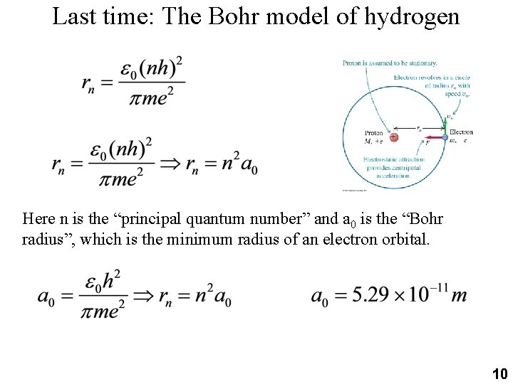 Last time: The Bohr model of hydrogen Here n is the “principal quantum number”