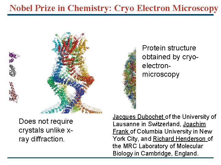 Nobel Prize in Chemistry: Cryo Electron Microscopy Protein structure obtained by cryoelectronmicroscopy Does not