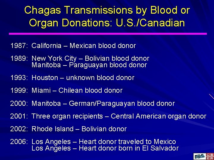 Chagas Transmissions by Blood or Organ Donations: U. S. /Canadian 1987: California – Mexican